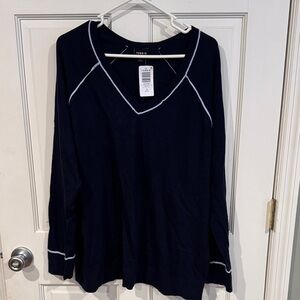 Torrid Navy Long Sleeve V-Neck Top with White Trim